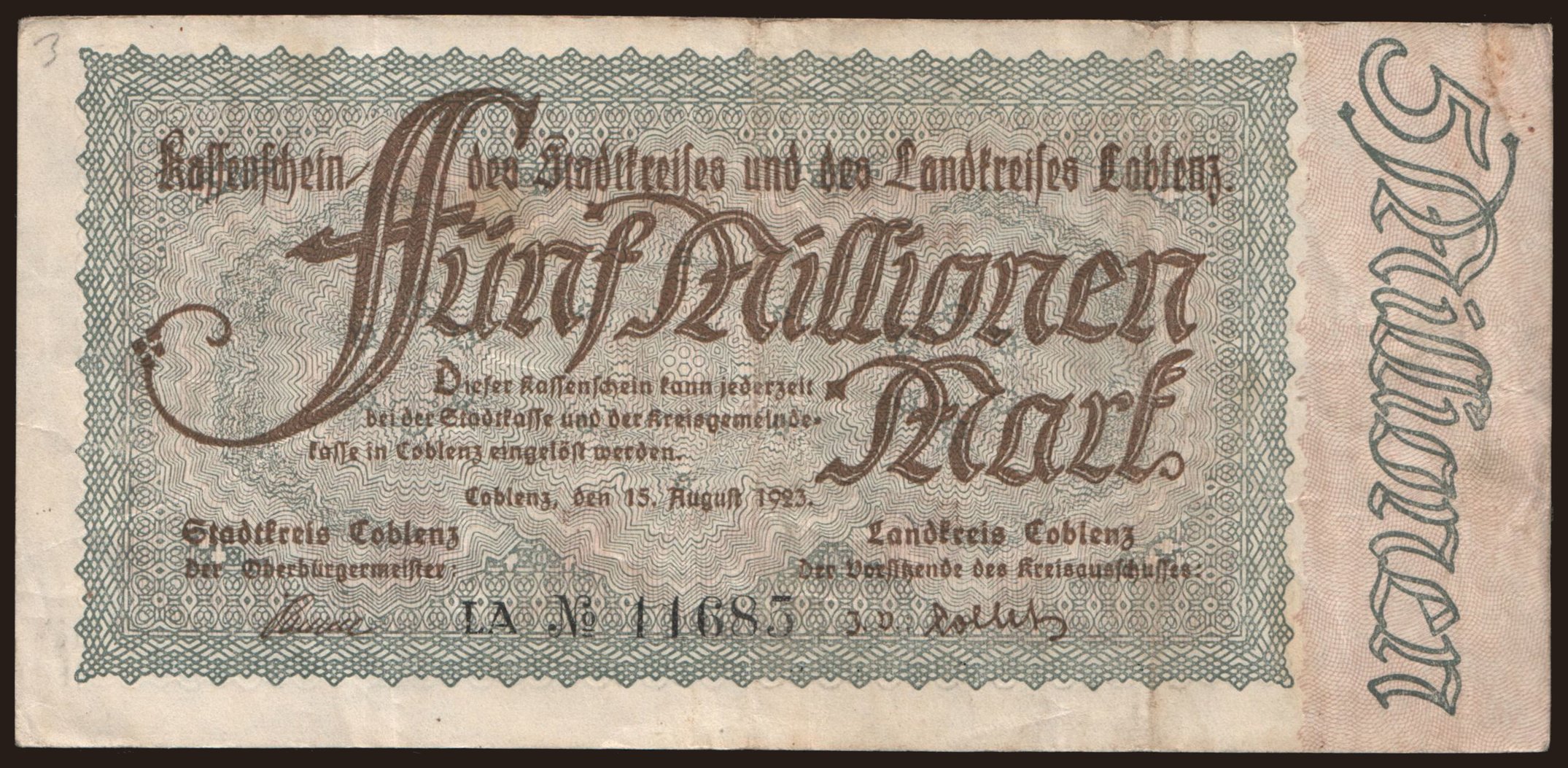 Coblenz/ Stadtkreis und Landkreis, 5.000.000 Mark, 1923