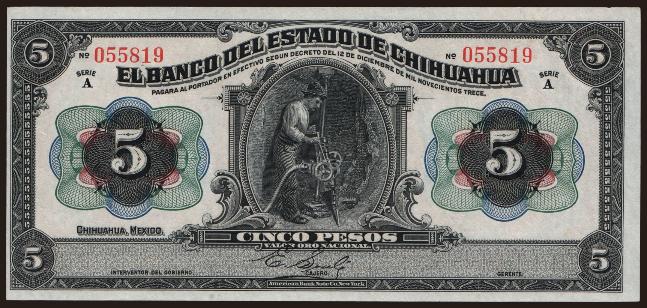 El Banco Del Estado de Chihuahua, 5 pesos, 1913
