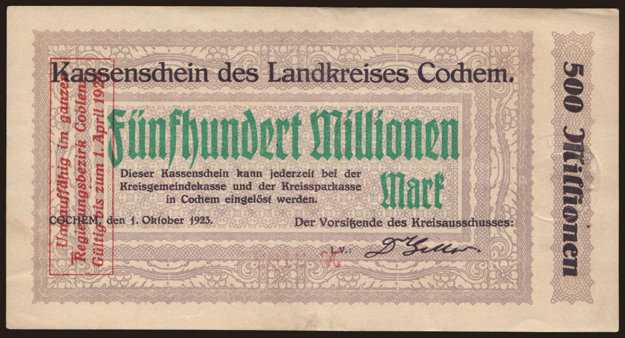 Cochem/ Landkreis, 500.000.000 Mark, 1923