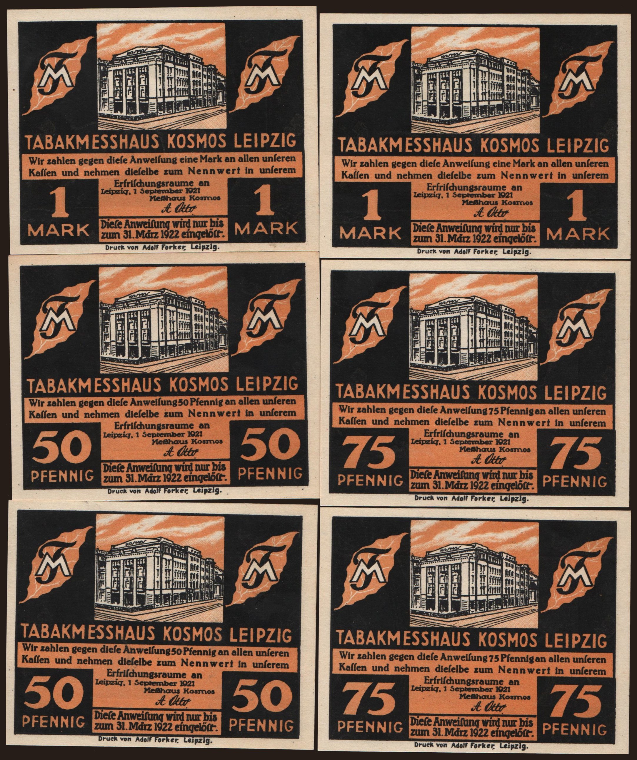 Leipzig/ Tabakmesshaus Kosmos, 6x 50 Pfennig - 1 Mark, 1921