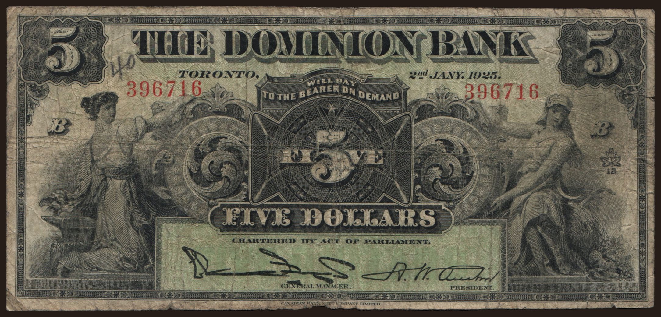 The Dominion Bank, 5 dollars, 1925