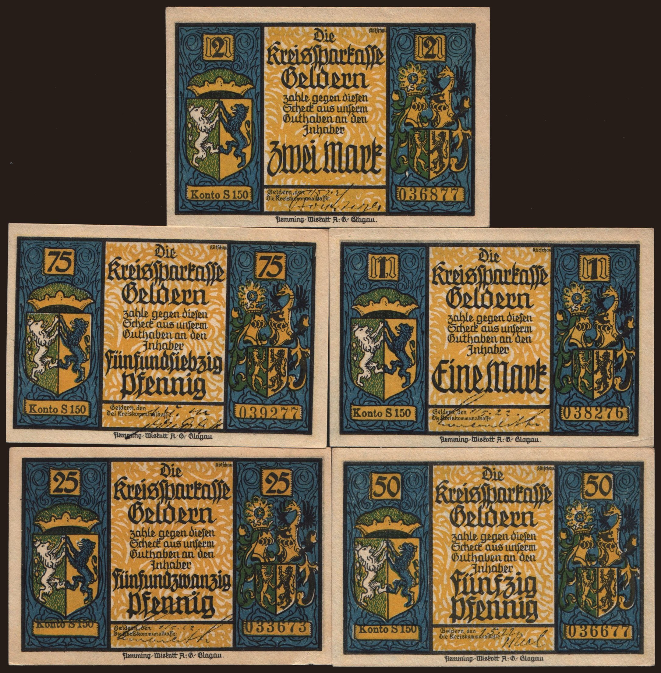 Geldern/ Kreiskommunalkasse, 5x 25 Pfennig - 2 Mark, 192?