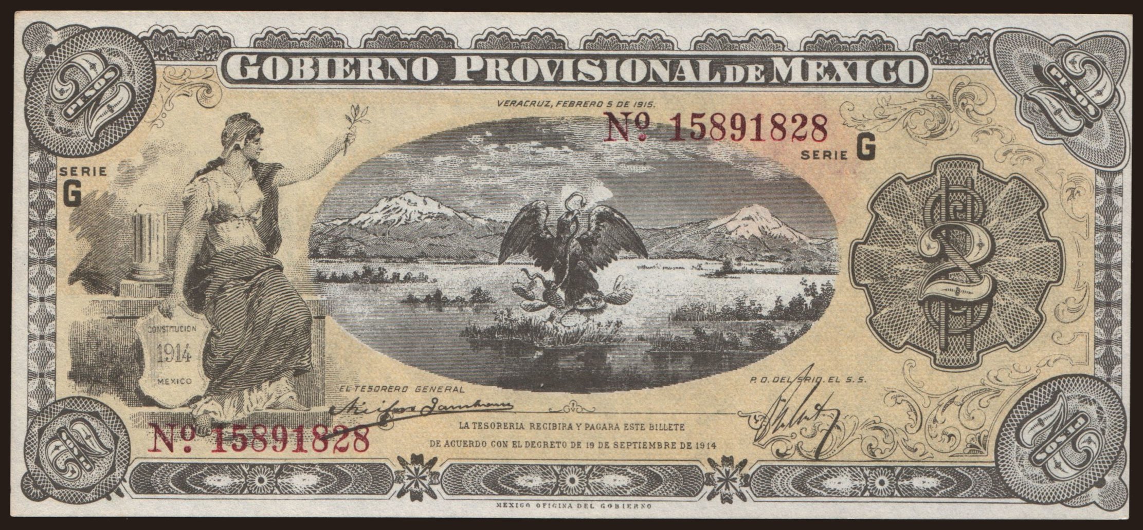 Gobierno Provisional de Mexico, 2 pesos, 1914