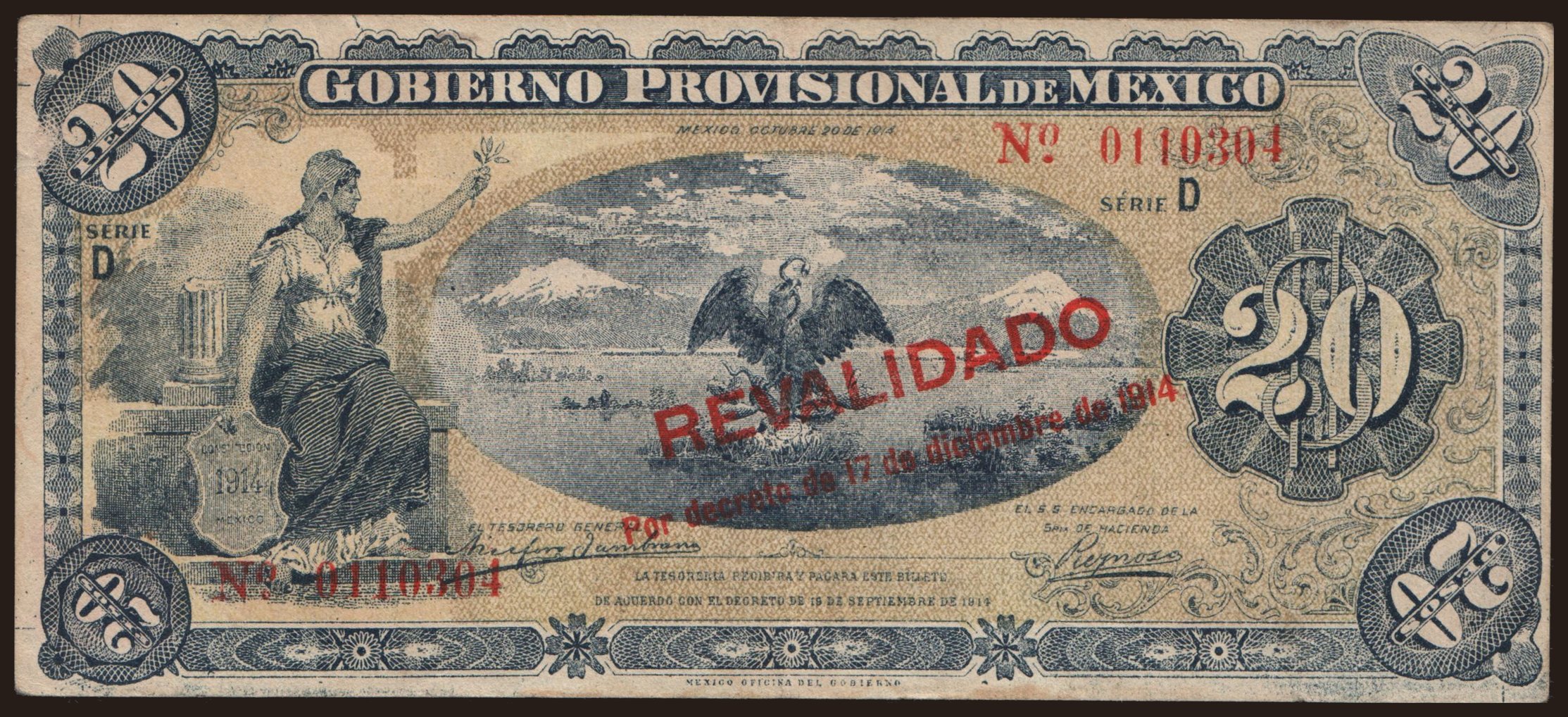Gobierno Provisional de Mexico, 20 pesos, 1914