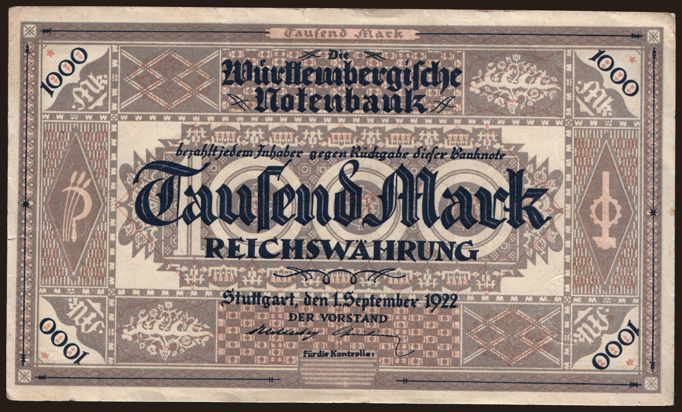 Württembergische Notenbank, 1000 Mark, 1922