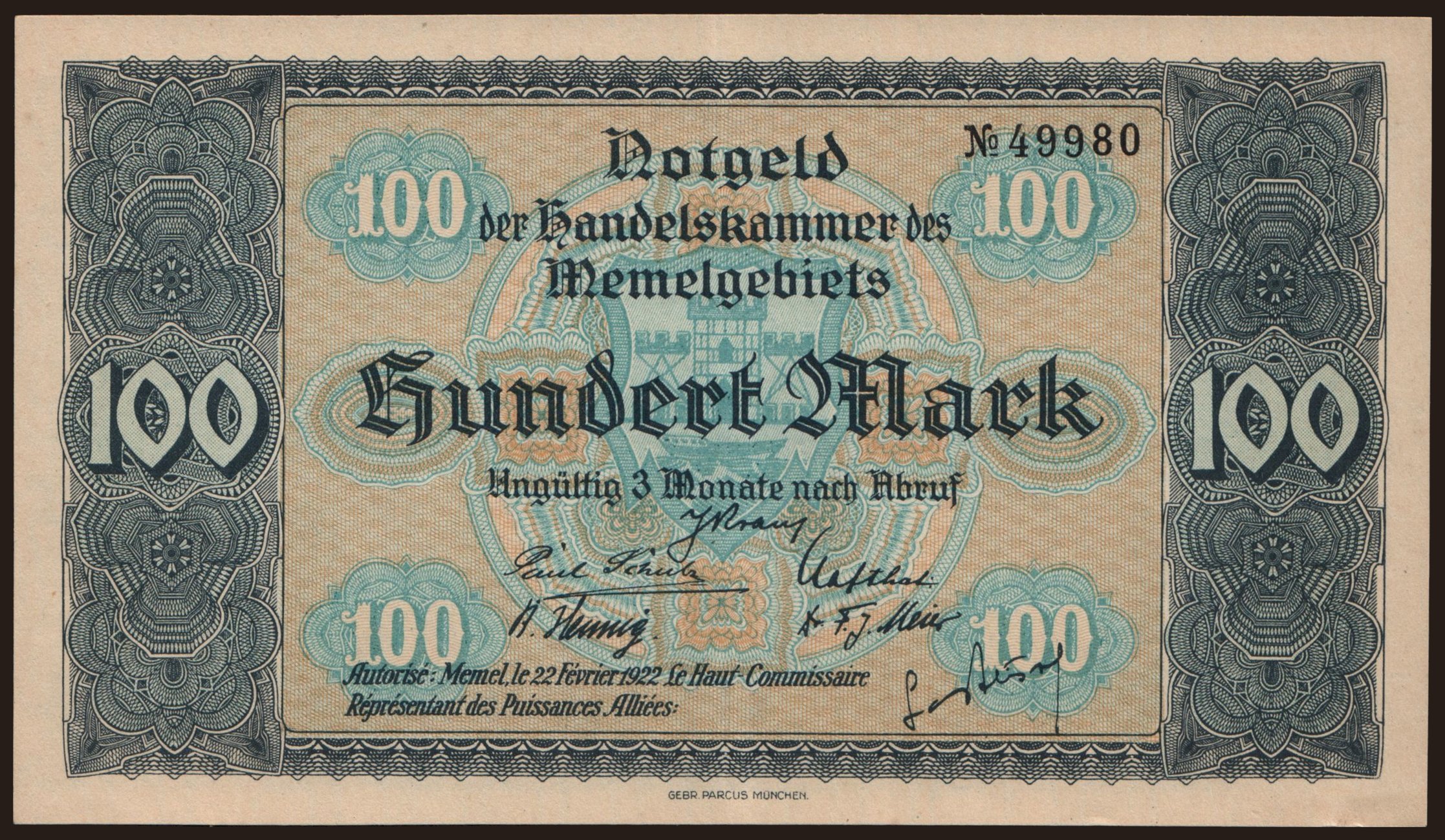 Memel, 100 Mark, 1922