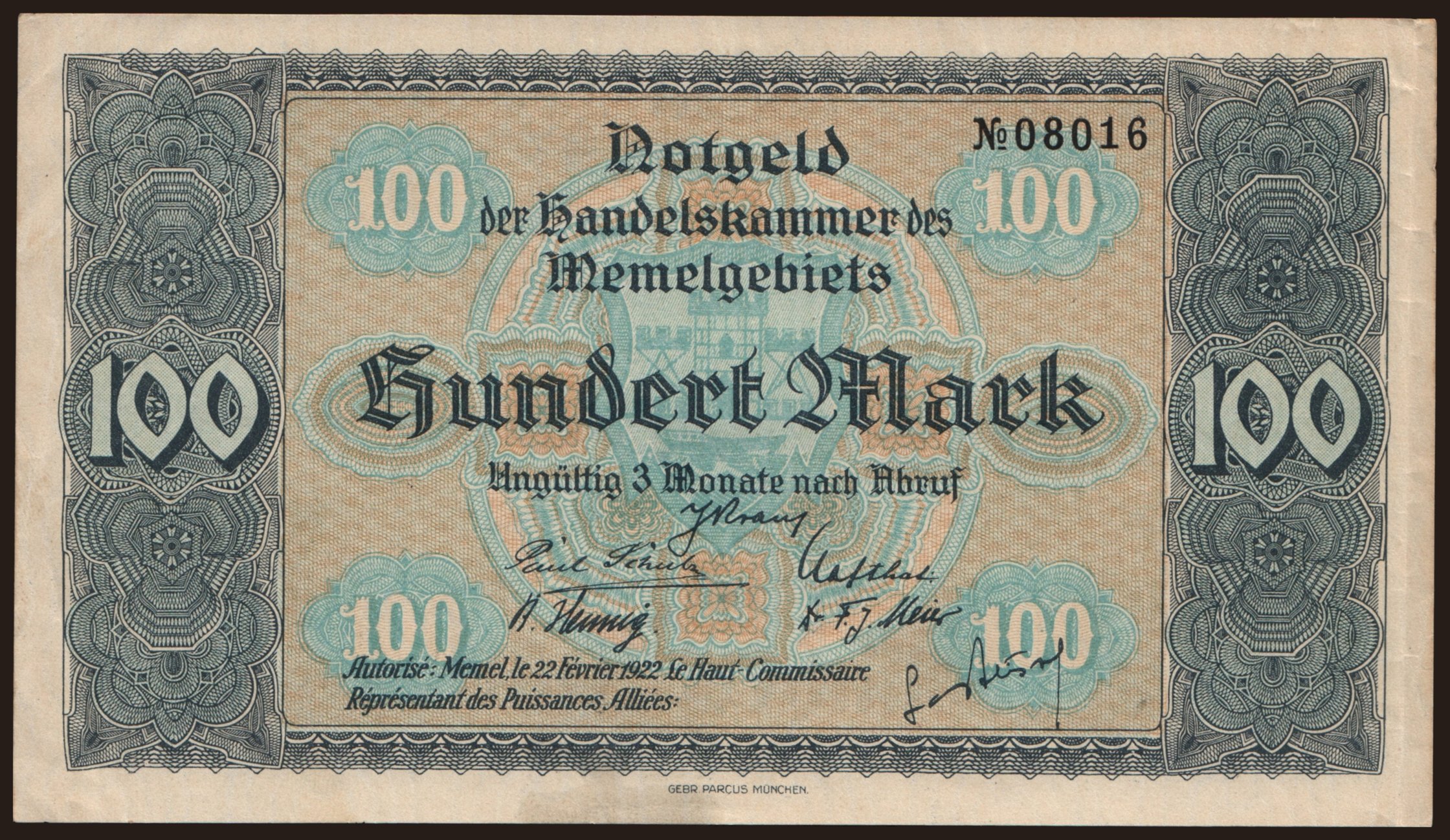 Memel, 100 Mark, 1922