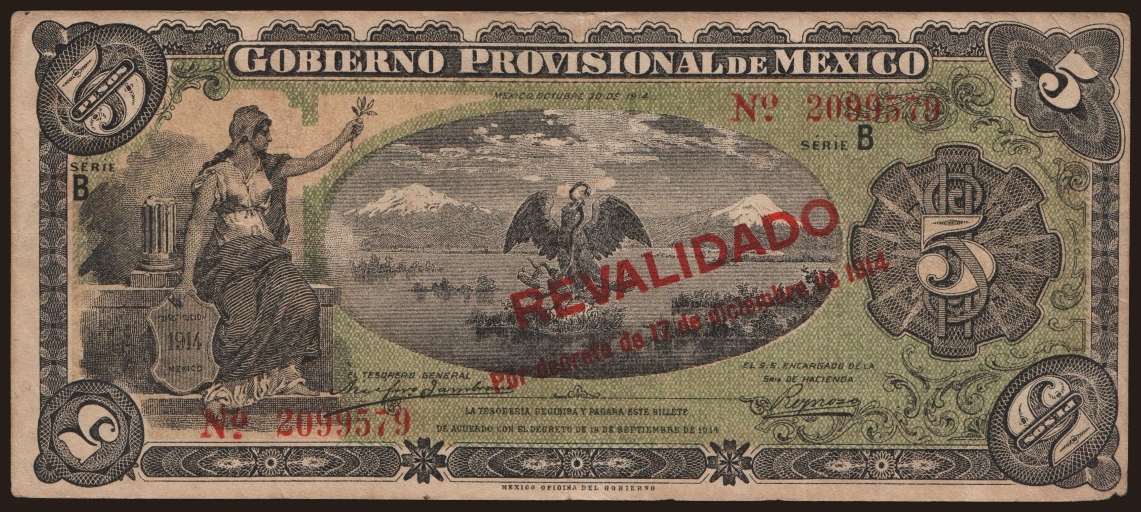 Gobierno Provisional de Mexico, 5 pesos, 1914
