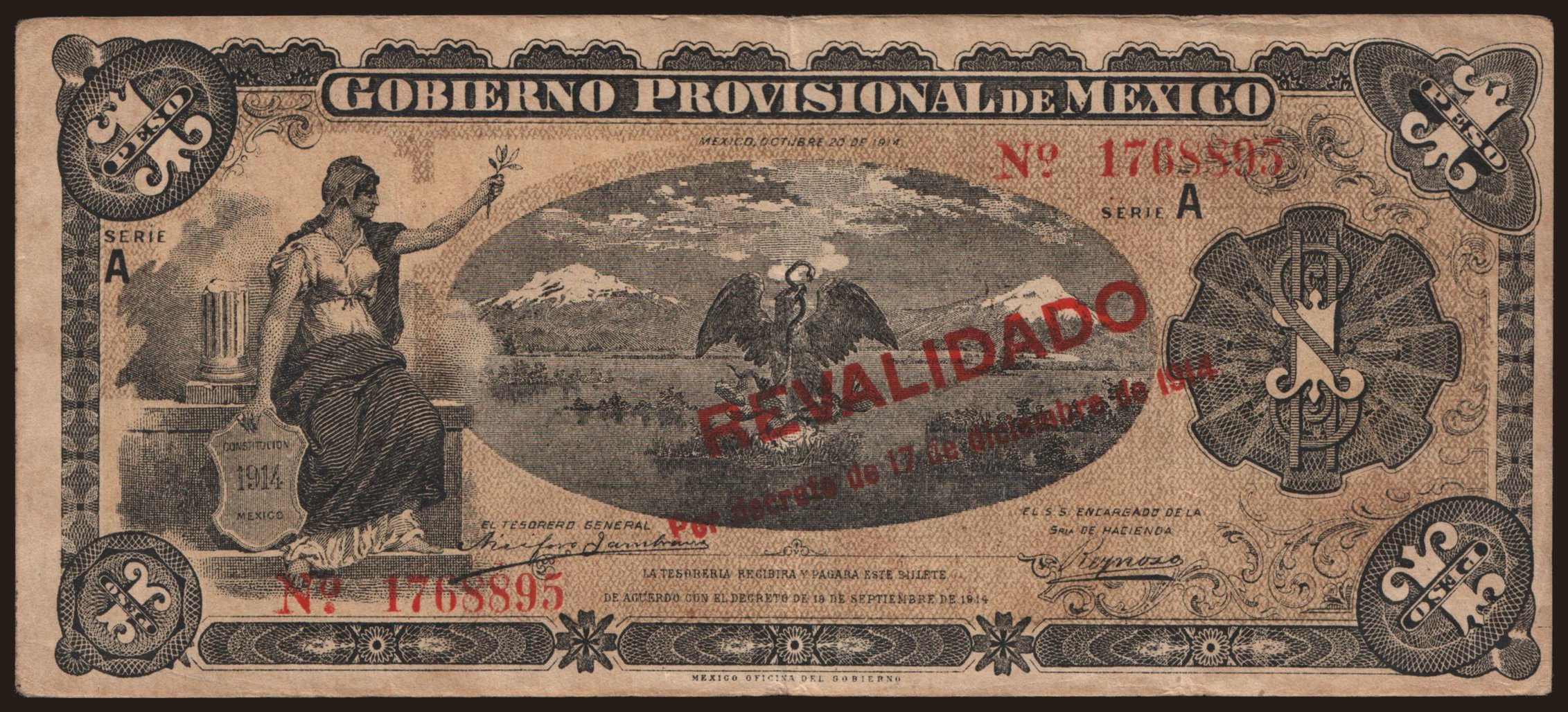 Gobierno Provisional de Mexico, 1 peso, 1914