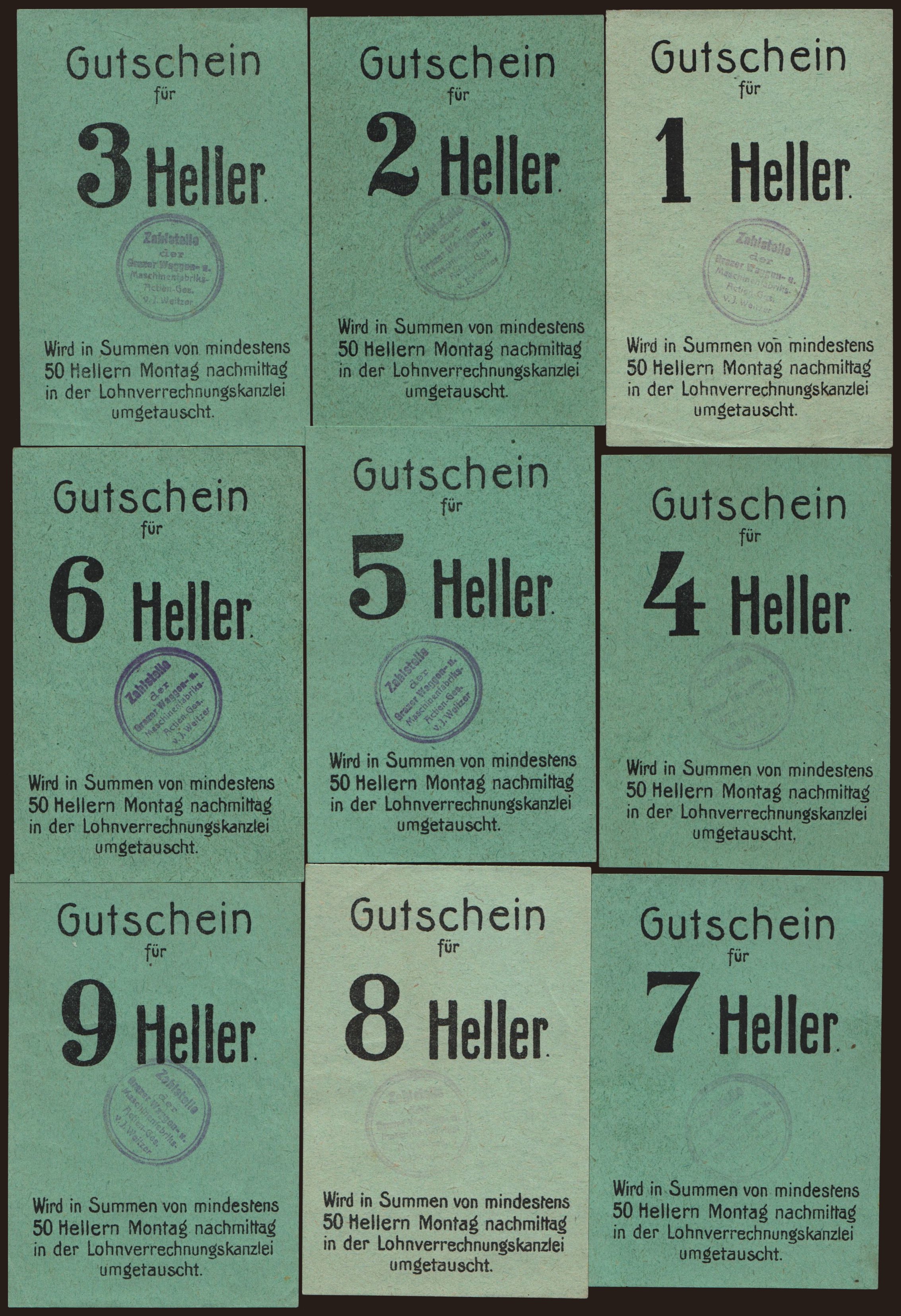 Graz/ Waggon- Maschinenfabrik AG, 1-9 Heller, 191?