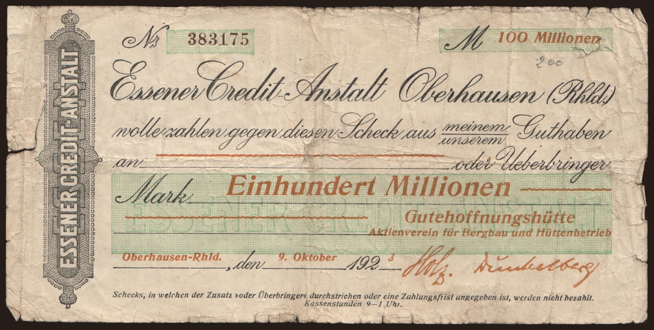 Oberhausen/ Gutehoffnungshütte Aktienverein für Bergbau und Hüttenbetrieb, 100.000.000 Mark, 1923