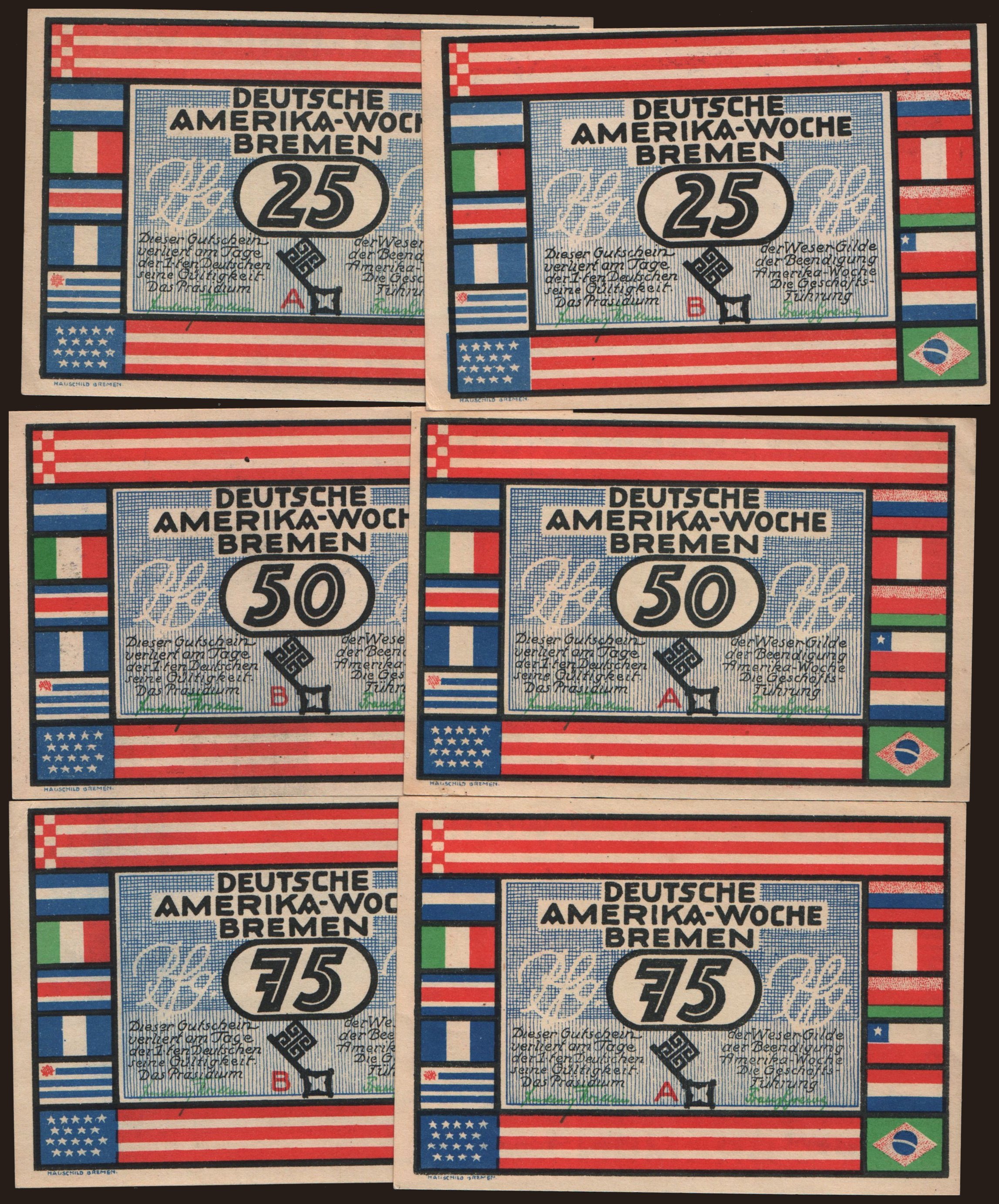Bremen/ Deutsche Amerika-Woche, 6x 25 - 75 Pfennig, 1923