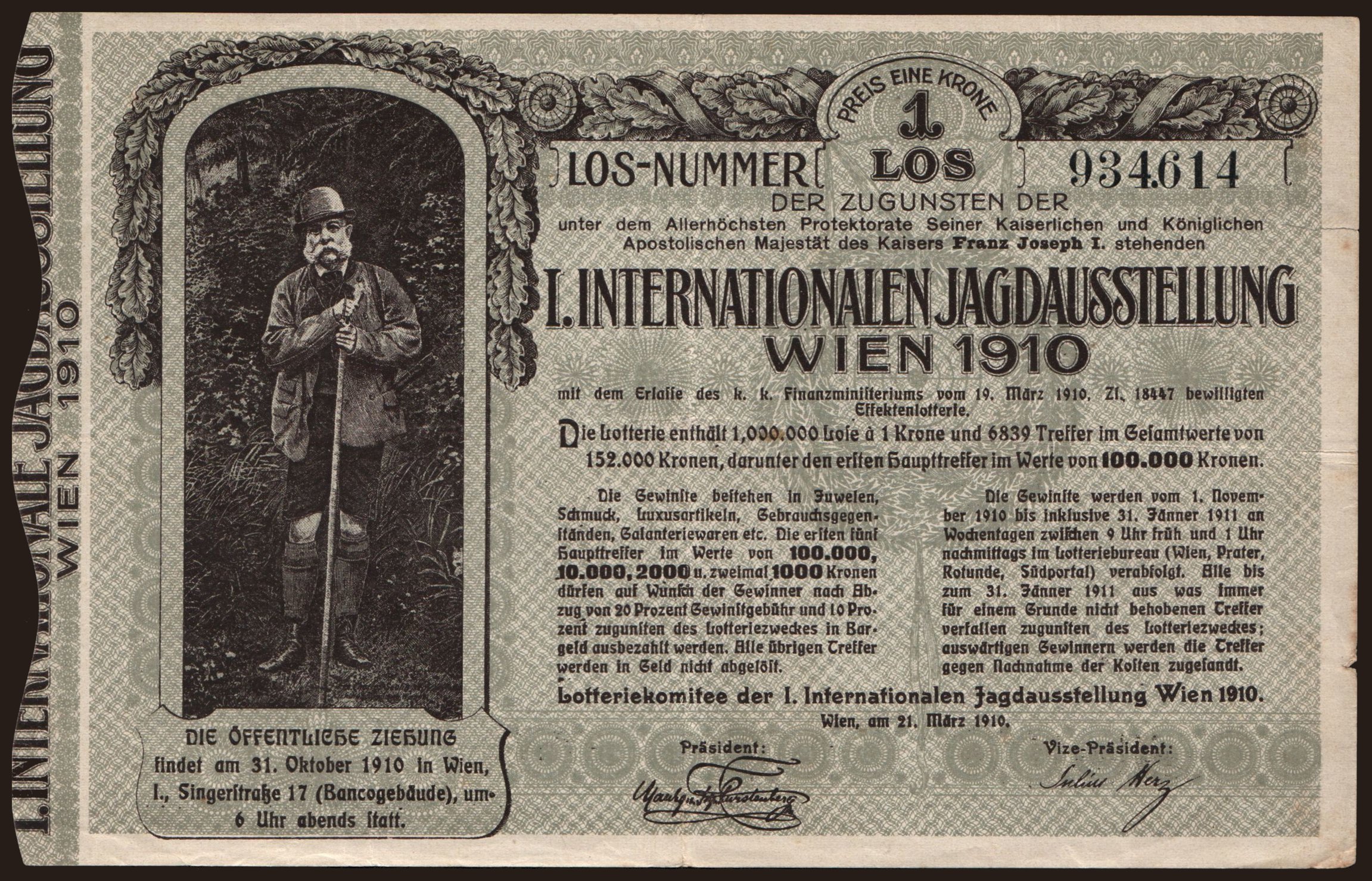 I. Internationalen Jagdausstellung, 1 Krone, 1910
