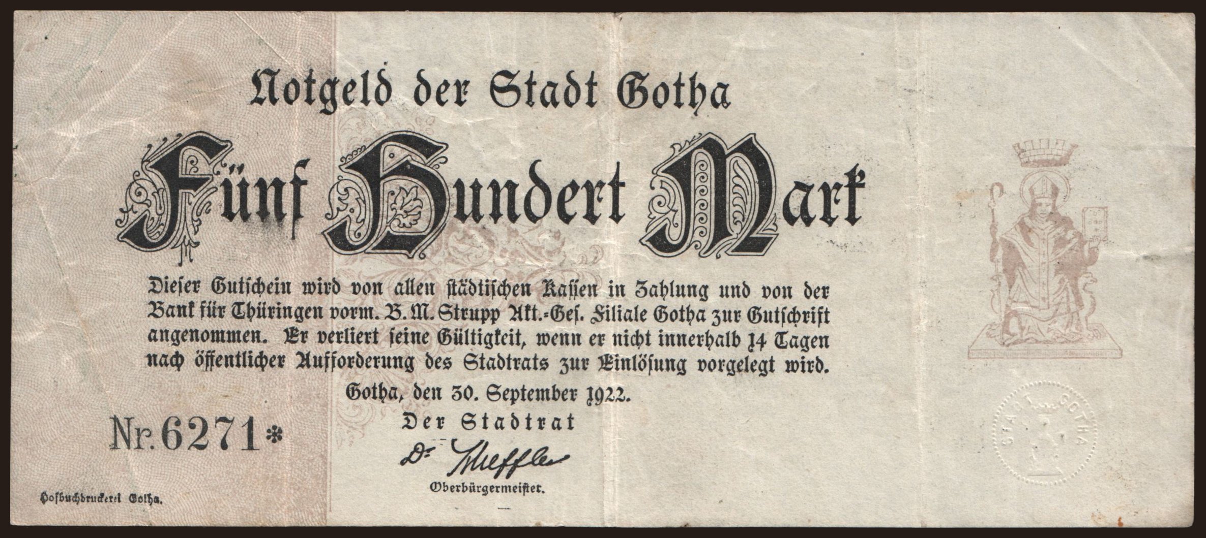 Gotha/ Stadt, 500 Mark, 1922