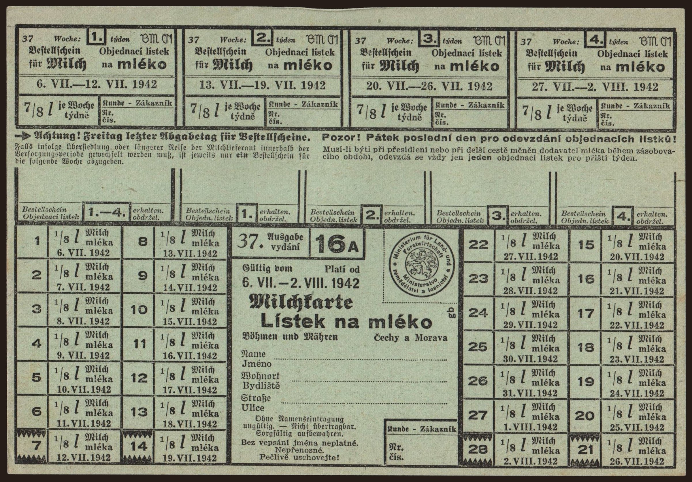 Milchkarte - Lístek na mléko, 1942