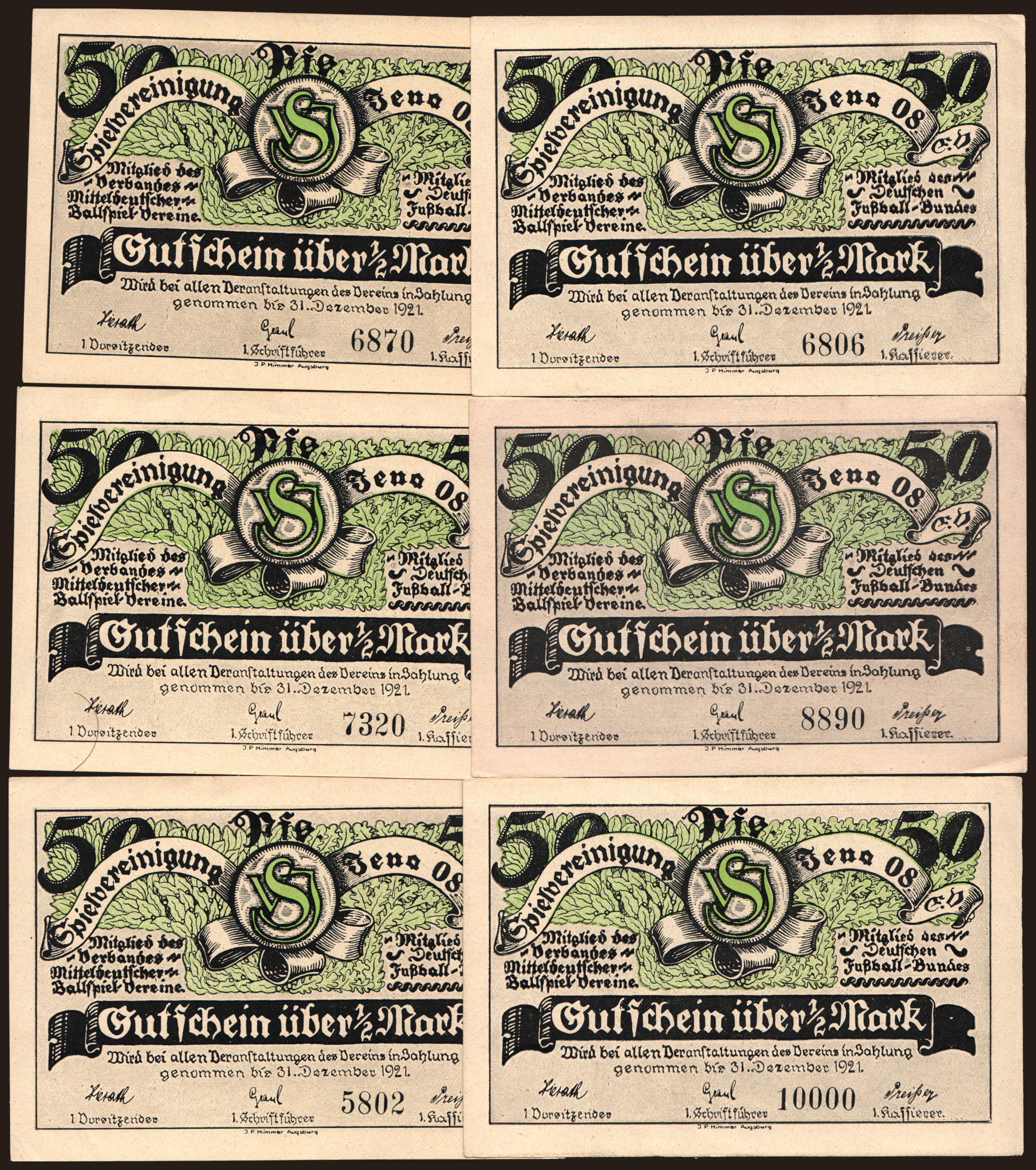 Bad Jena/ Spielvereinigung, 6x 50 Pfennig, 1921