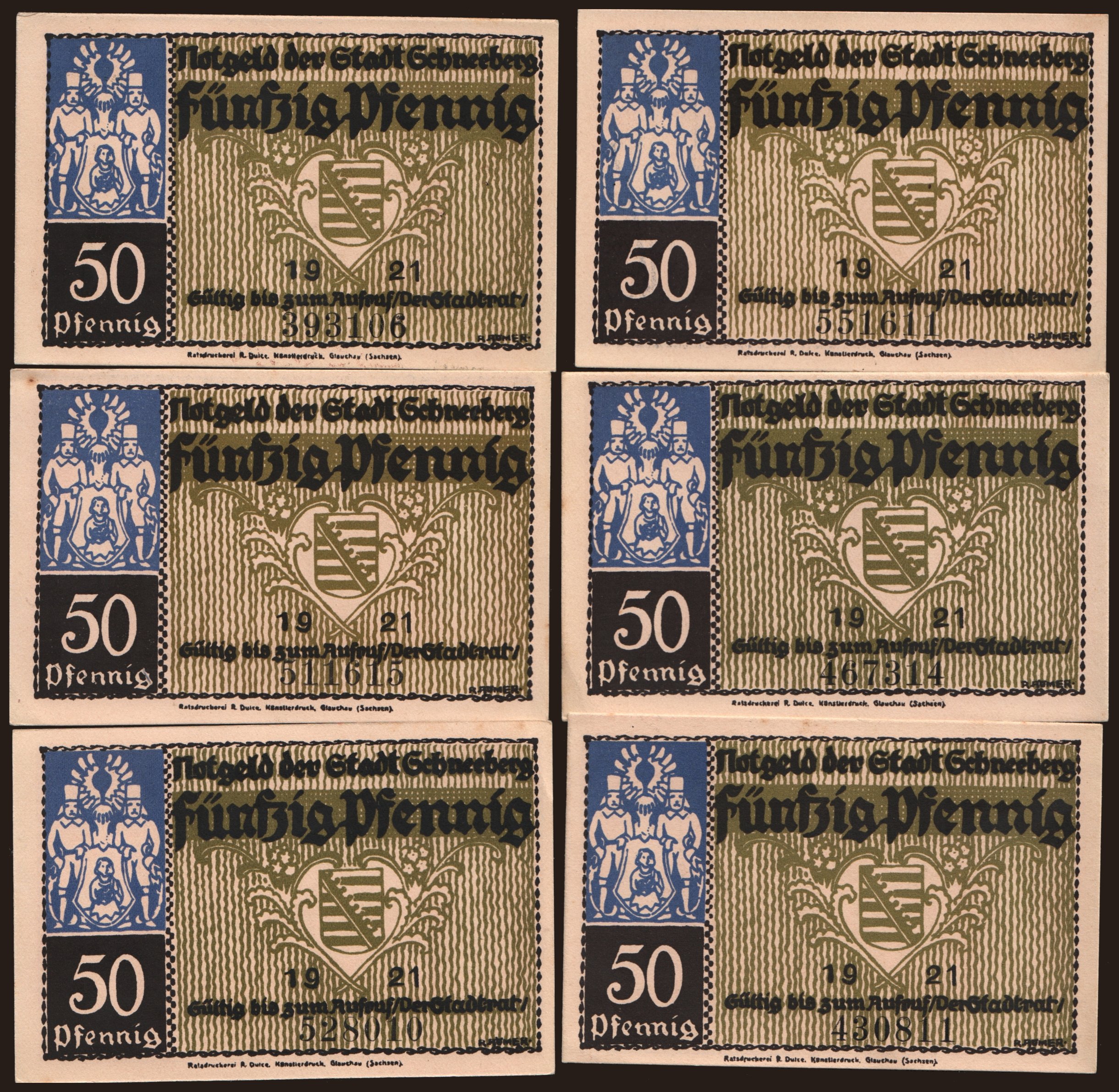 Schneeberg, 6x 50 Pfennig, 1921
