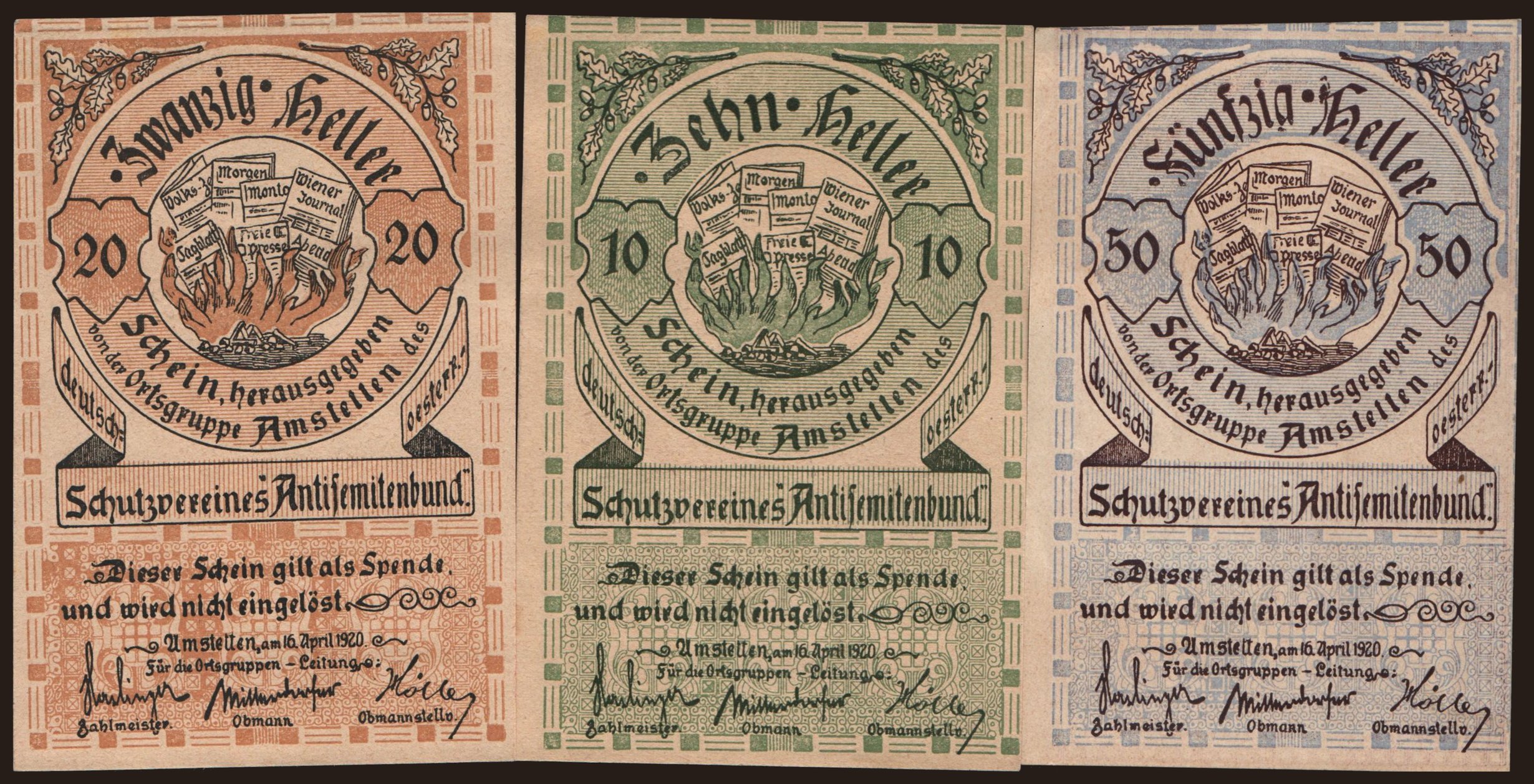 Amstetten/ Antisemitenbund, 10, 20, 50 Heller, 1920