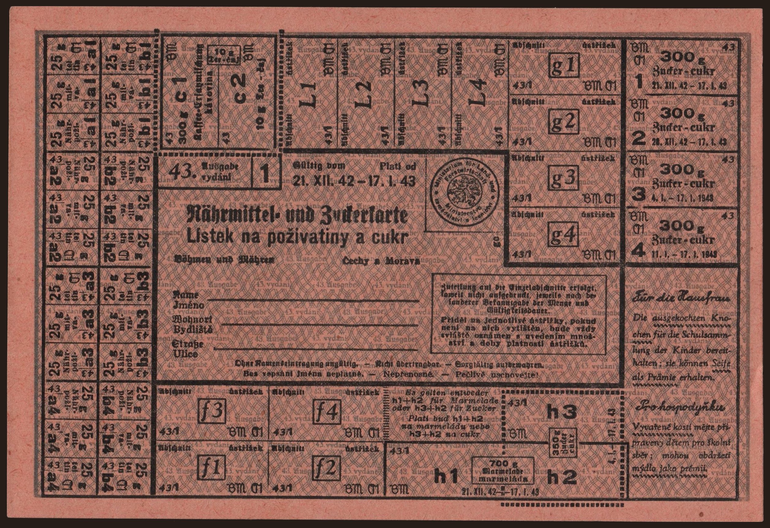 Nährmittel- und Zuckerkarte - Lístek na poživatiny a cukr, 1942