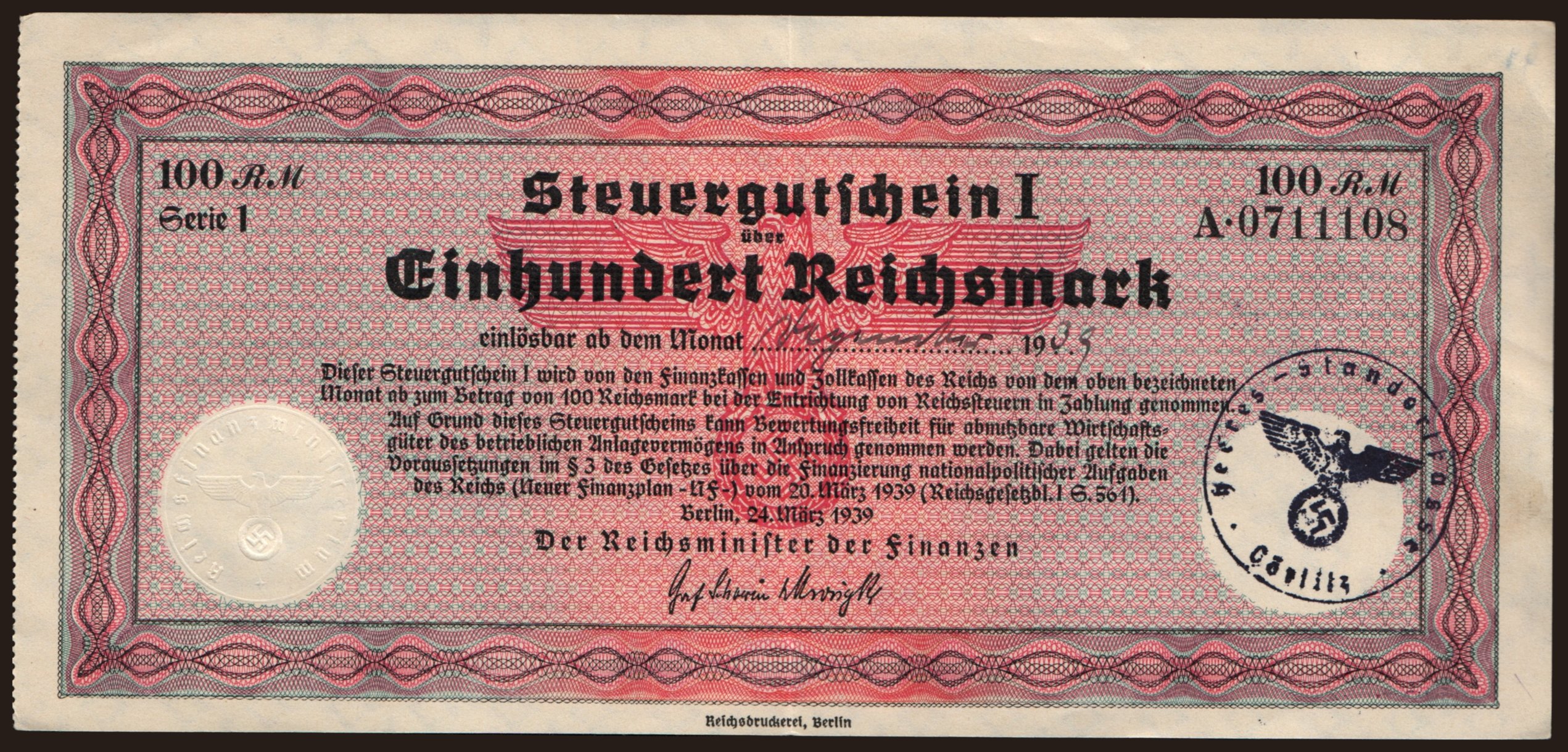 Steuergutschein, 100 Reichsmark, 1939