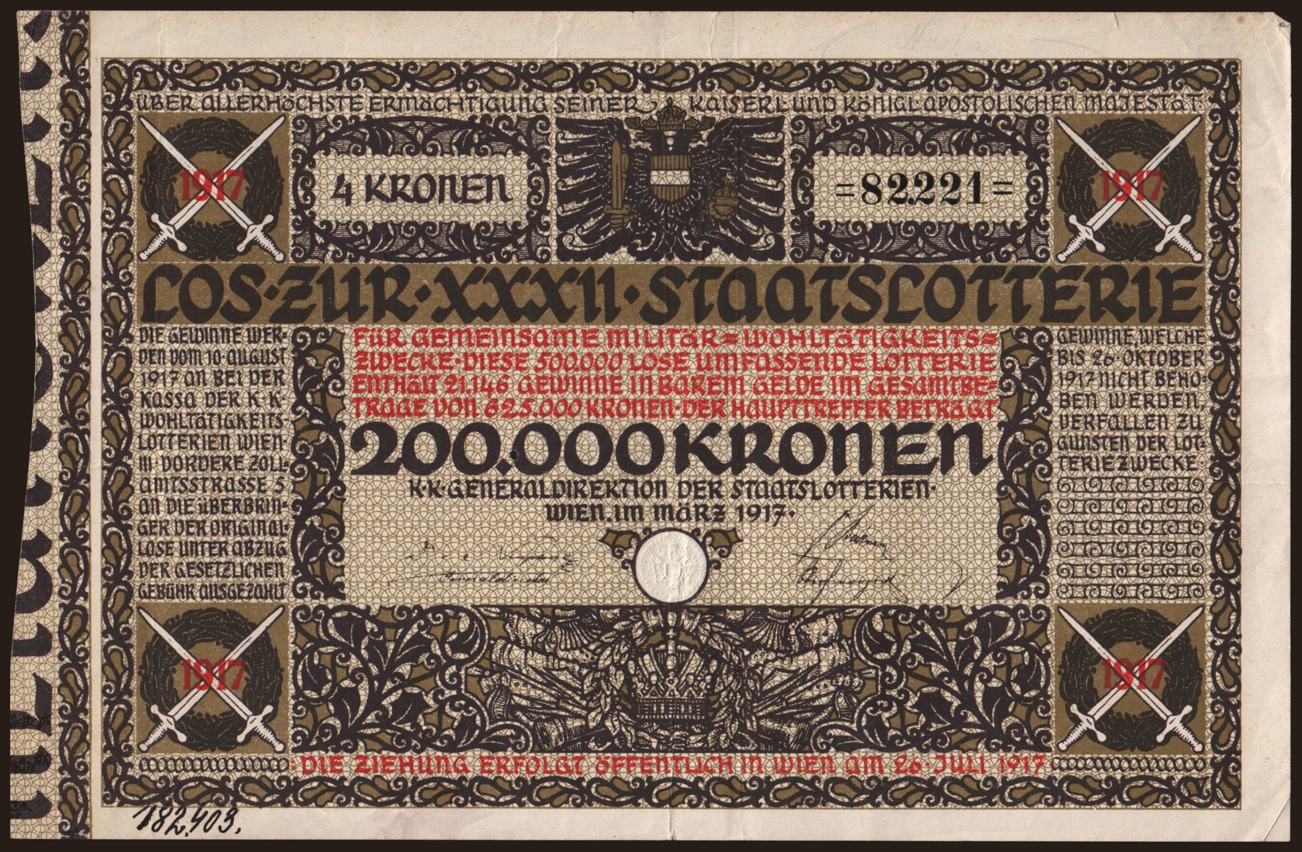 Staatslotterie, 4 Kronen, 1917