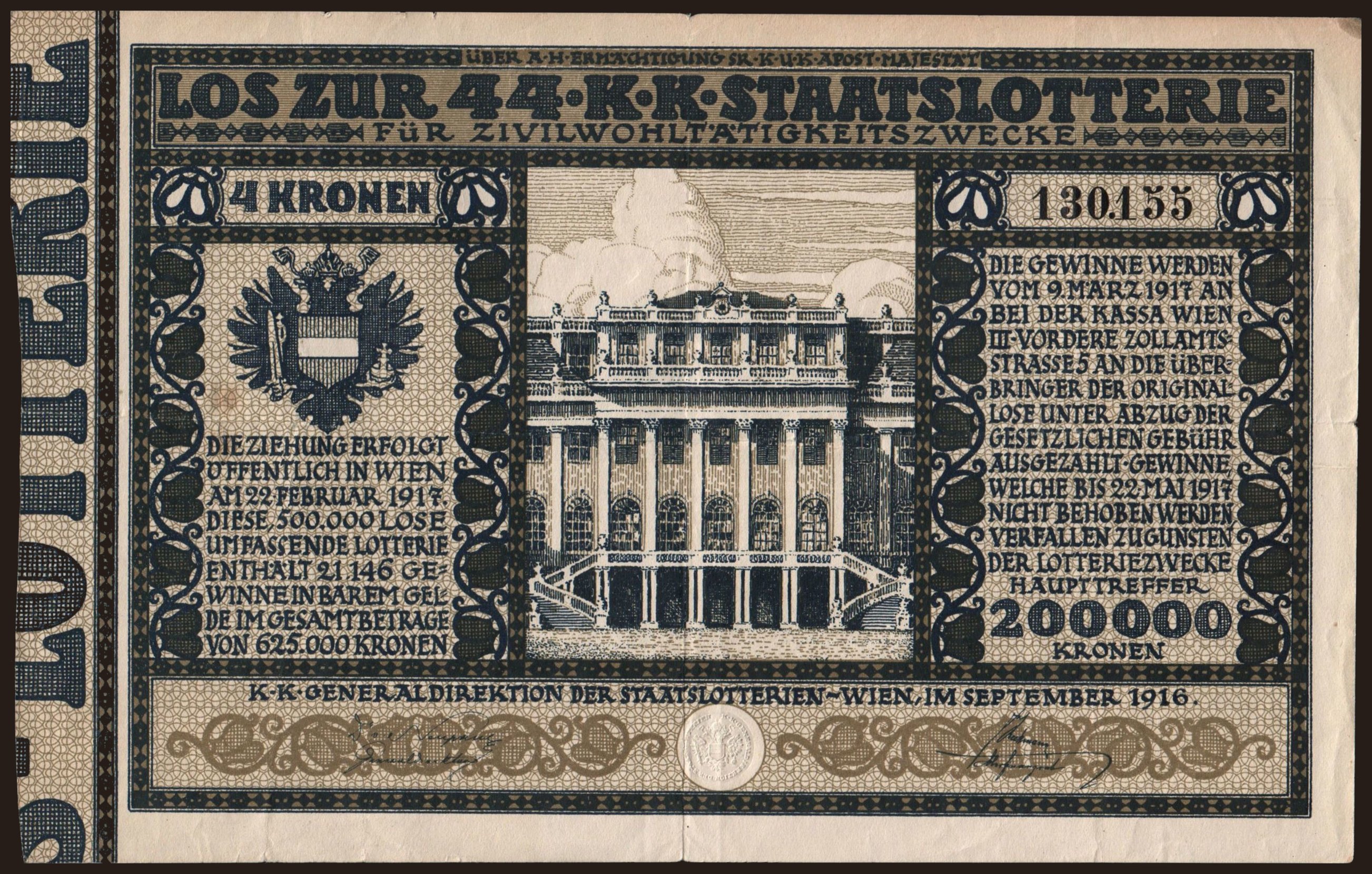 Staatslotterie, 4 Kronen, 1916
