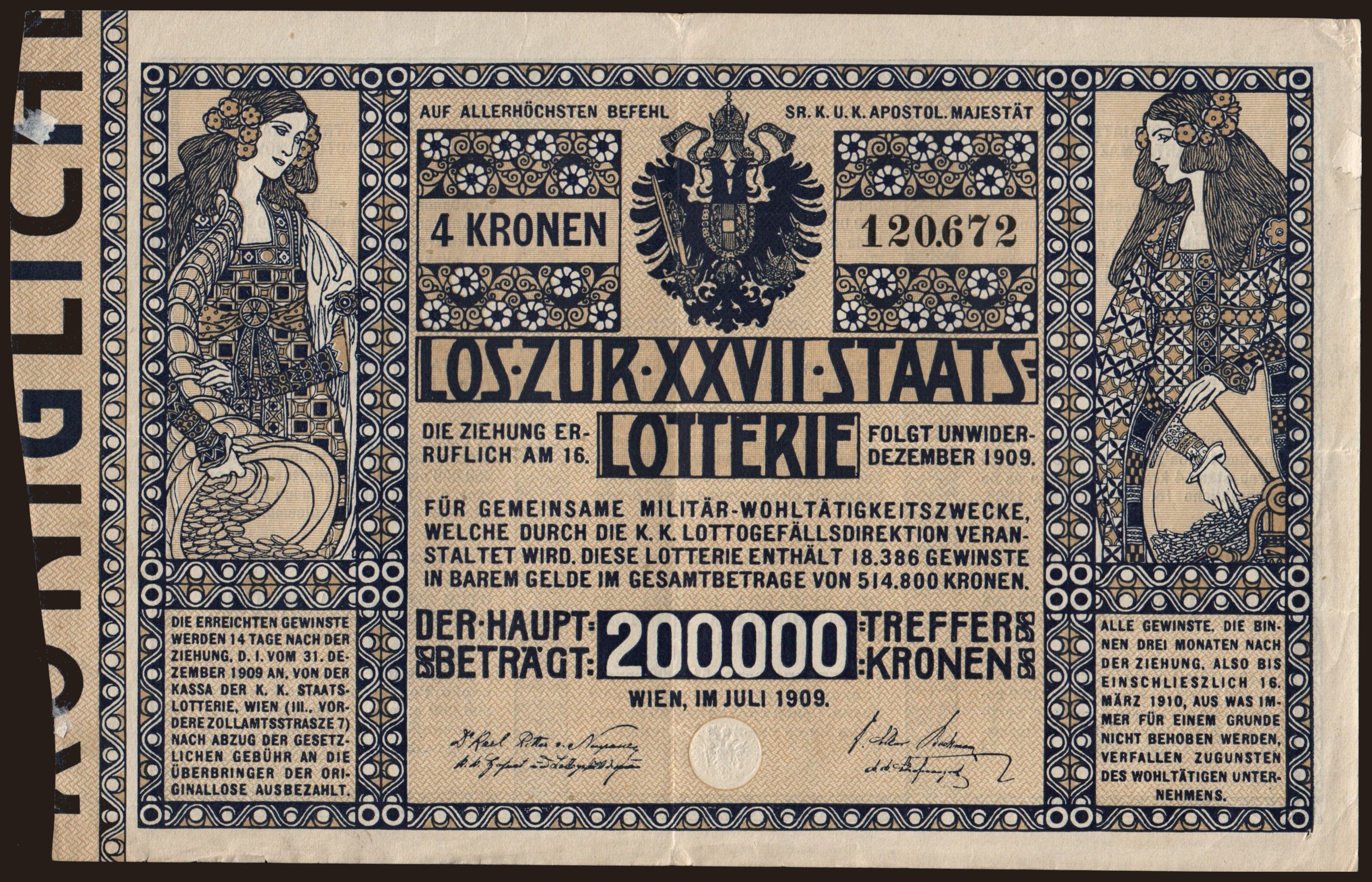 Staatslotterie, 4 Kronen, 1909