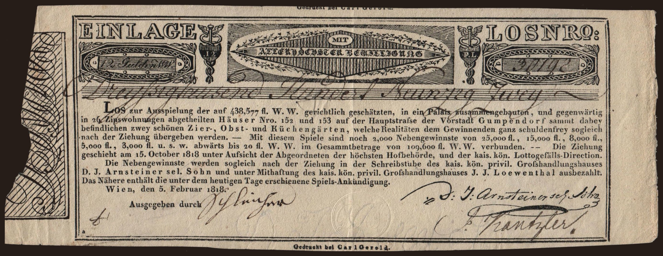 Los zur Ausspielung, 12 Gulden, 1818