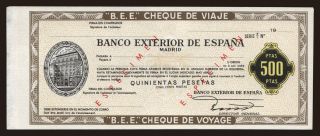 Travellers cheque, Banco Exterior de Espana, 500 pesetas, specimen