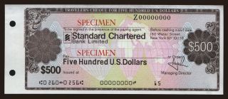 Travellers cheque, Standard Chartered Bank, 500 dollars, specimen