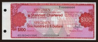 Travellers cheque, Standard Chartered Bank, 100 dollars, specimen