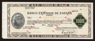Travellers cheque, Banco Exterior de Espana, 1000 pesetas, specimen