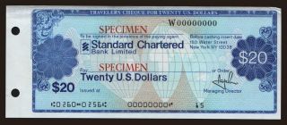 Travellers cheque, Standard Chartered Bank, 20 dollars, specimen