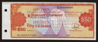 Travellers cheque, Standard Chartered Bank, 50 dollars, specimen