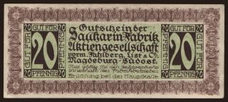 Magdeburg-Südost/ Saccharin-Fabrik, 20 Pfennig, 191?