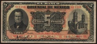 El Banco Oriental de Mexico, 5 pesos, 1914
