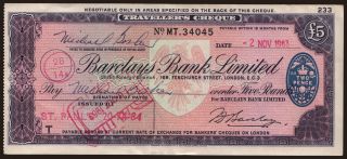 Travellers cheque, Barclays Bank Limited, 5 pounds, 1963