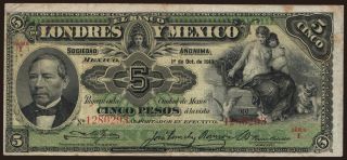El Banco de Londres y Mexico, 5 Pesos, 1913