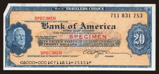Travellers cheque, Bank of America, 20 dollars, specimen