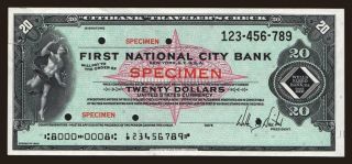 Travellers cheque, First National City Bank, 20 dollars, specimen