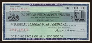 Travellers cheque, Bank of South Wales, 50 dollars, specimen