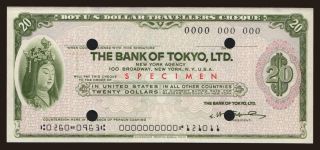Travellers cheque, The Bank of Tokio, 20 dollars, specimen