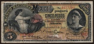 El Banco Nacional de Mexico, 5 pesos, 1913