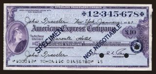 Travellers cheque, American Express, 10 pounds, specimen