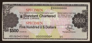 Travellers cheque, Standard Chartered Bank, 500 dollars, specimen