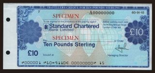Travellers cheque, Standard Chartered Bank, 10 pounds, specimen