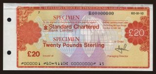 Travellers cheque, Standard Chartered Bank, 20 pounds, specimen