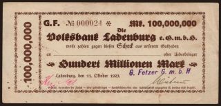 Ladenburg/ G. Fetzner G.m.b.H., 100.000.000 Mark, 1923