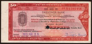 Travellers cheque, Dresdner Bank, 50 Mark, 1973