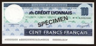 Travellers cheque, Crédit Lyonnais, 100 francs, specimen